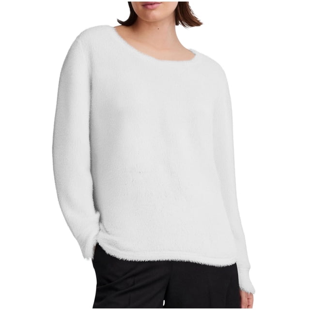 JGGSPWM (S-5XL) Plus Size Women's Pullover Fall Winter Sweaters Solid Color Fleece Long Sleeve Crewneck Oversized Loose Sweater Tops White XXL