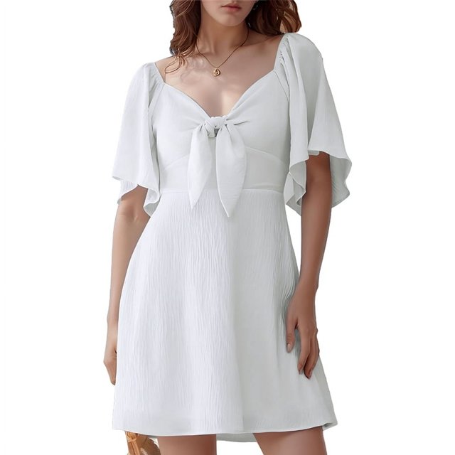 Womens Dresses Spring Summer Deep V Neck Elegant Bow Tie Mini Dress White L