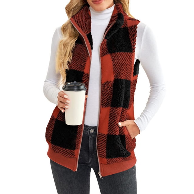 Innerwin Gilet Sans Manches à Fermeture Éclair pour Femme, Veste en Molleton de Travail Légère en Sherpa, Rouge Vin, P