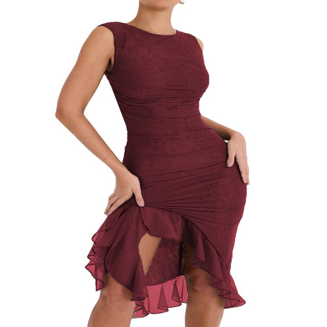 Women Wrap Ruched Split Party Midi Dress Sleeveless V-Neck High Split Solid Bodycon Elegant Party