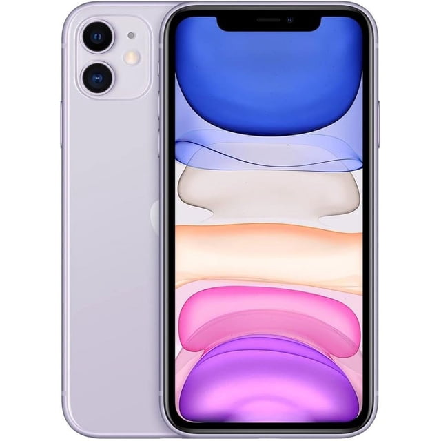 Apple iPhone 11 64GB Unlocked Smartphone in purple, certified refurbished in excellent condition. Features a dual-camera system on the back, a 6.1-inch Liquid Retina HD display, and a sleek design. The front-facing view highlights the vibrant screen with colourful abstract wallpaper, while the rear showcases the purple finish and dual cameras. Includes a Lightning to USB-A charger and SIM card removal tool.