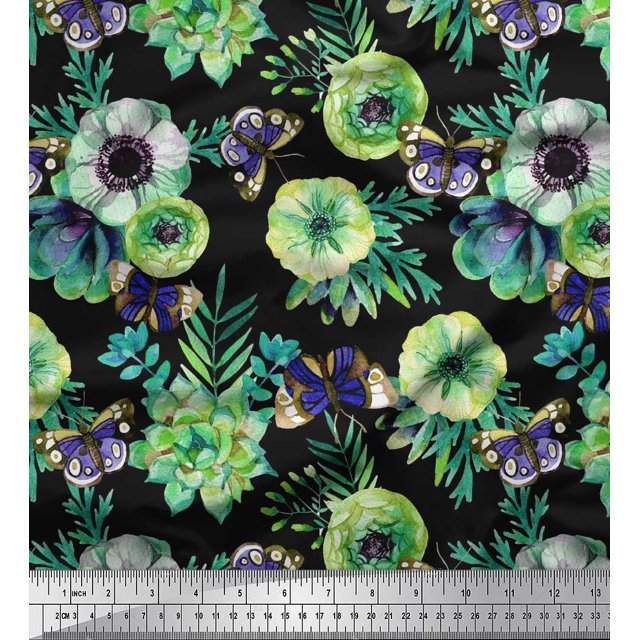 Soimoi Tissu Georgette Poly Vert Feuilles, Insectes et Fleurs d'Anémone Imprimé au Mètre 42 Pouces de Large