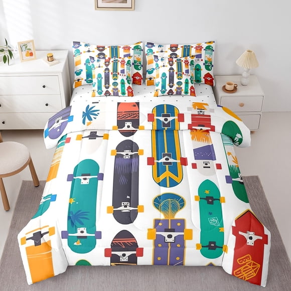 Cartoon Skateboard Twin Comforter Set - 7 Pieces Bed in A Bag Colorful Boys Skateboard Comforters,Sports Game Bedding Sets with Comforter, Flat Sheet, Fitted Sheet and Pillowcases & Shams