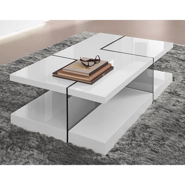 Canadian Saturn Coffee Table with white high gloss tabletop and bottom shelf, supported by tempered transparent glass in the middle. The rectangular coffee table is placed on a grey shag rug and shown with stacked books and glasses, suitable also as a sofa or end table.