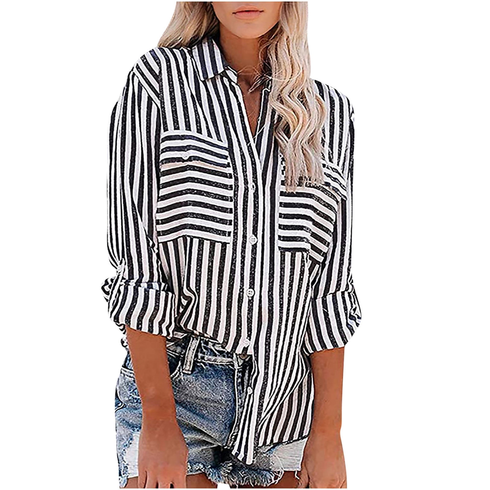 Hauts pour Femmes à Rayures Imprimées, Chemise à Simple Boutonnage à Manches Longues, Hauts en Coton et Lin