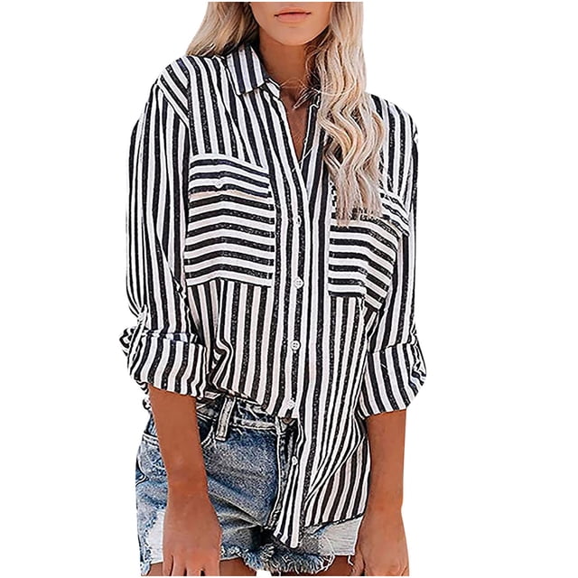 Hauts pour Femmes à Rayures Imprimées, Chemise à Simple Boutonnage à Manches Longues, Hauts en Coton et Lin