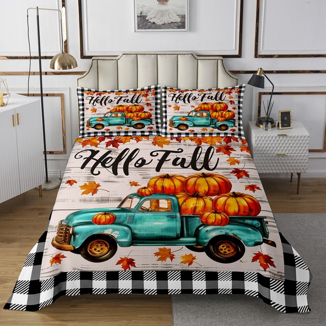 YST Ensemble de Couvre-Lit Citrouille d'Automne Format Simple Ensemble de Courtepointe Récolte d'Automne pour Enfants Adultes Ferme Voiture Rustique Ensemble de Courtepointe Grille Feuilles d'Érable Literie Campagnarde