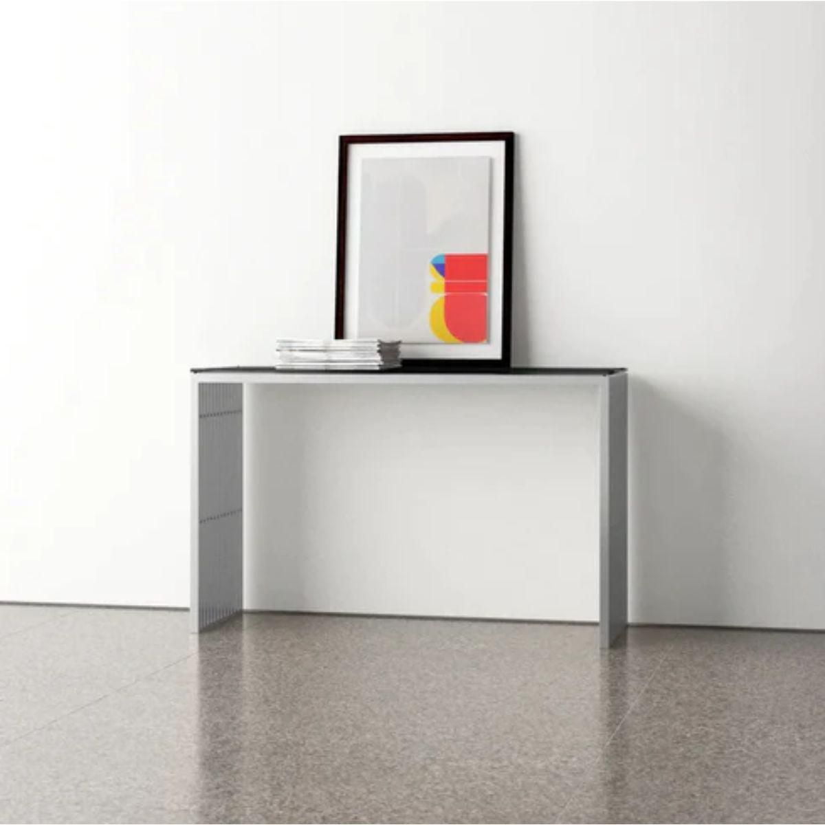 Table console Deanna Slate en acier inoxydable avec plateau en verre transparent