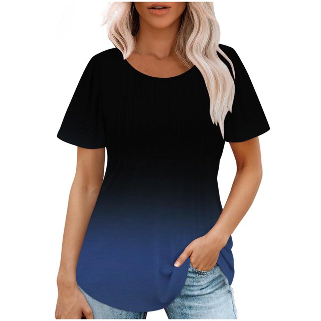 Plebaso Hauts pour Femmes Été Manches Courtes Col Rond Tunique Chic Ample Mode Blouses à Dégradé de Couleurs