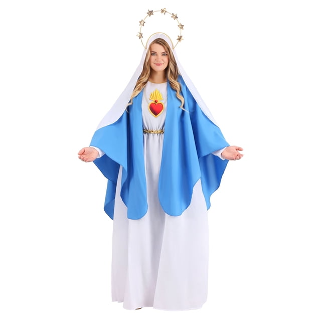 Costume de Crèche pour Femmes Grande Taille Mary Comprenant une Robe Blanche en polyester avec une Fermeture Éclair au Dos et une Taille Élastique, un Châle Drapé Bleu et un Voile Blanc en Forme pour s'Asseoir Bien sur la Tête. Comprend une Ceinture Tressée en Similicuir Métallique avec une Fermeture à Crochets et Boucles, un Médaillon Sacré-Cœur Imprimé sur un Cordon Doré, et un halo avec des Étoiles Pailletées Fixées à un Serre-Tête en Plastique. Idéal pour les Crèches Ou les Événements des Fêtes.