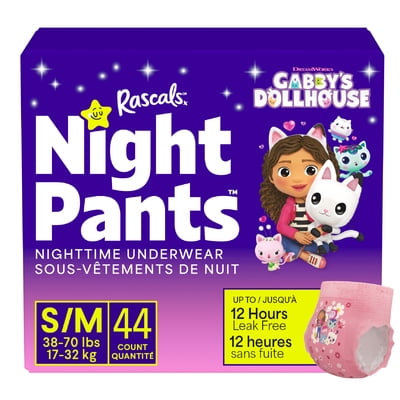 Rascals Night Pants, Absorbent Girls Nighttime Bedwetting Underwear, Gabby's Dollhouse, S/M (38-70 lbs), 44 Count