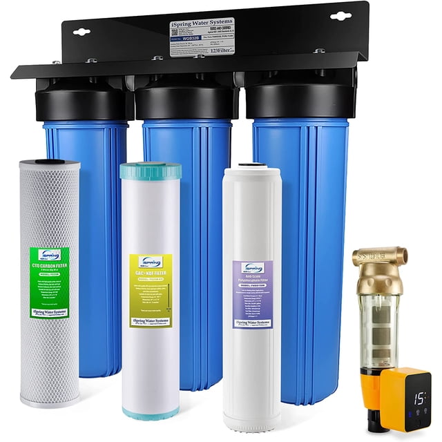 iSpring Système de Filtration d'Eau pour Toute la Maison avec Rinçage Automatique, Essorage vers le Bas, Filtre à Sédiments, Polyphosphate Anti-Tartre, GAC+KDF et Filtre à Blocs de Carbone, Détartrant et Filtre, WGB32B-KDS+WSP50ARB