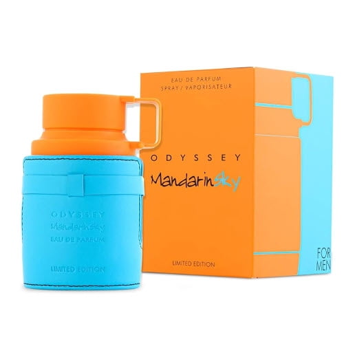 Armaf Odyssey Mandarin Sky Édition Limitée EDP Lui 100 ml / 3.4 Fl.Oz. Bouteille de Parfum pour Homme et Emballage. la Bouteille Présente un Bouchon orange Vif avec une Poignée et un Emballage Bleu Type Cuir Embossé avec le Nom du Produit. l'Emballage Est orange avec des accents Bleus, Mettant en Valeur le Nom du Produit et l'Étiquette « Édition Limitée ».