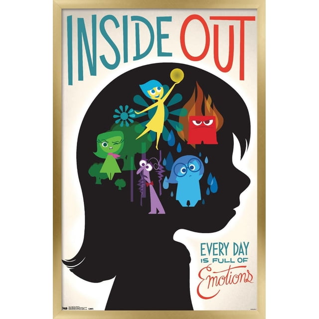 Disney Pixar Inside Out - Affiche Murale d'Émotions, 14,725 Pouces x 22,375 Pouces Encadrée, Représentant une silhouette Noire du Profil d'Un Enfant Remplie de Personnages d'Émotions Colorés : Joie Jaune Tenant une Orbe Lumineuse, Colère Rouge avec des Flammes, Dégoût Vert, Peur Violette et Tristesse Bleue avec des Gouttes de Pluie, sur un Fond Blanc avec « Inside Out' en Texte Sarcelle et Rouge au-Dessus et « Chaque Jour Est Plein d'Émotions » en