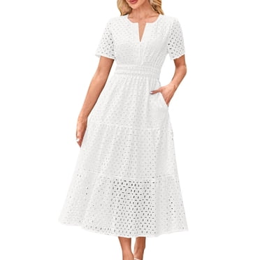 Annhoo Robes d'Été en Coton pour Femmes, Col en V, Manches Courtes, Ajourées, Taille Élastique, Décontractées, de Voyage, Longues