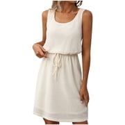 hotojiny Summer Dresses for Women 2025 Trendy Solid Drawstring Waist Mini Dress Textured Sleeveless U Neck A-Line Sundress