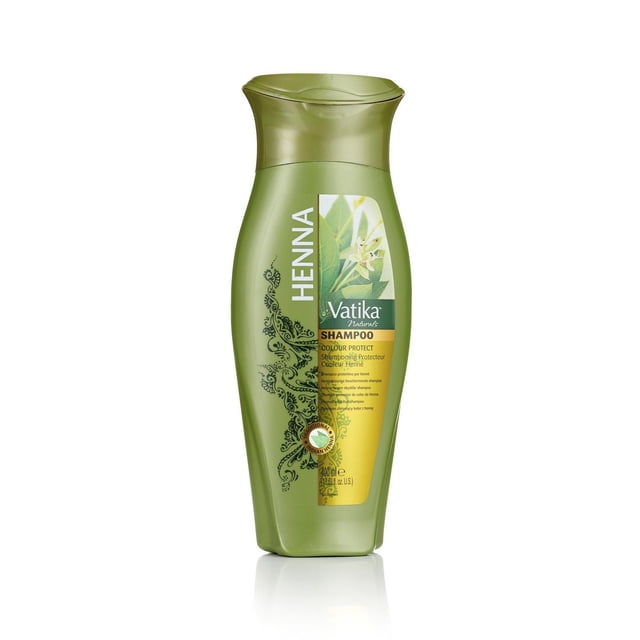 Dabur Vatika Shampoo Henna in a green plastic bottle with a curved silhouette and flip-top cap, featuring a label with henna leaves illustration, black decorative patterns, and text highlighting colour protect and traditional Indian henna, 400 ml. Suitable for hair care routines focusing on hairfall control and natural conditioning.