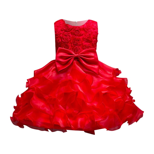 MIASHUI Robe de Concours pour Filles, Robe de Fête à Volants avec Fleurs, Robe de Bal de Mariage pour Enfants, Robe de Princesse Formelle Rouge pour 3-4 Ans. La Robe Sans Manches Présente un Corsage floral Détaillé, un Grand Nœud en satin à la Taille et une Jupe en tulle à Volants Superposés. Convient aux Mariages, Concours, Anniversaires et Autres occasions Formelles.