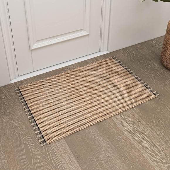 Tapis d'Entrée Tressé en Jute Naturel Eco Crave 2x3 Pi – 100 % Tissé à la Main Boho, Tapis de Porte d'Entrée Écologique Durable pour Intérieur et Extérieur, Cuisine, Salle de Bain, Chambre à Coucher, Tapis à Poils Courts, Marron/rayé
