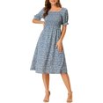 thumbnail image 2 of INSPIRE CHIC Robe pour Femme Smockée à Fleurs à Encolure Carrée Manches Courtes Bouffantes Printemps Été Robes Midi Bleu Poussiéreux TG, 2 of 6