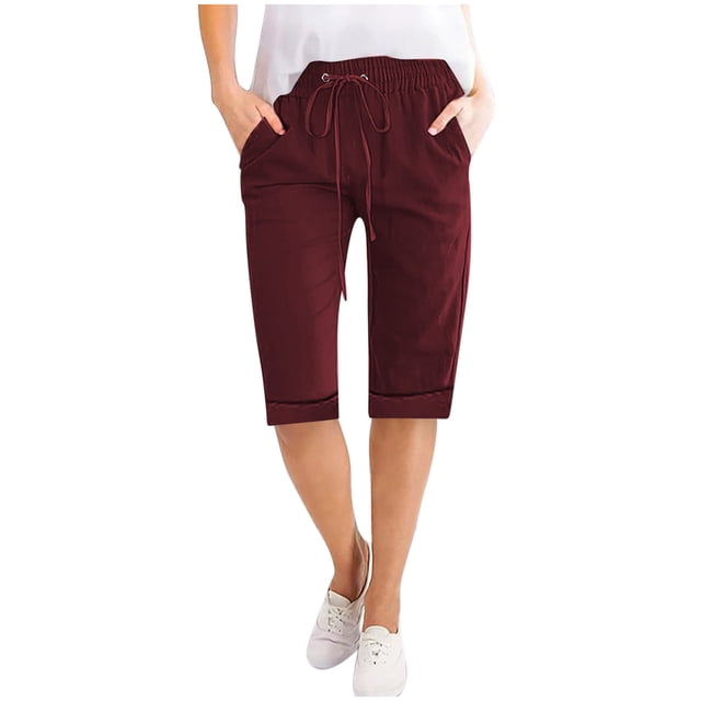 Summer Clearance 2025! Womens Plus Size Pants,Women Solid Color High Waisted Elastic Drawstring With Pocket Cotton And Linen Five Quarter Pants