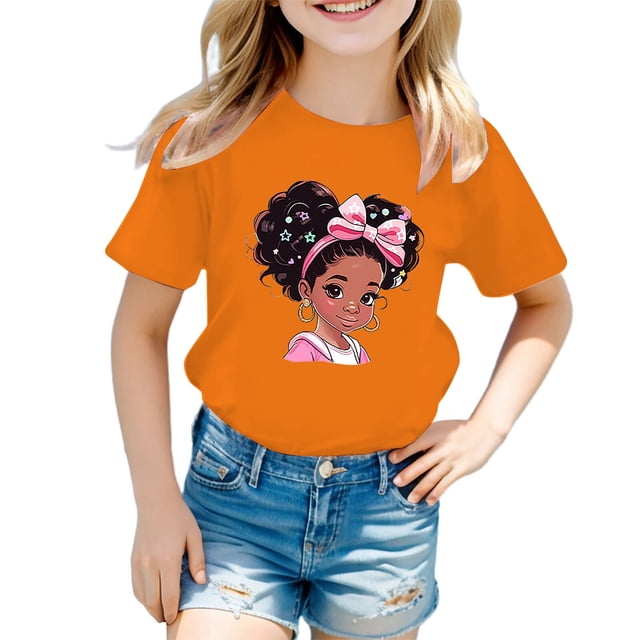 PMVFHDE Hauts pour Filles Hauts pour Fille Hauts pour Fille T-Shirts Tendance pour Fille T-Shirts Graphiques pour Filles T-Shirts Graphiques pour Enfant T-Shirt Graphique pour Filles Col Rond Manches Courtes T-Shirt Orange, 11-12 Ans