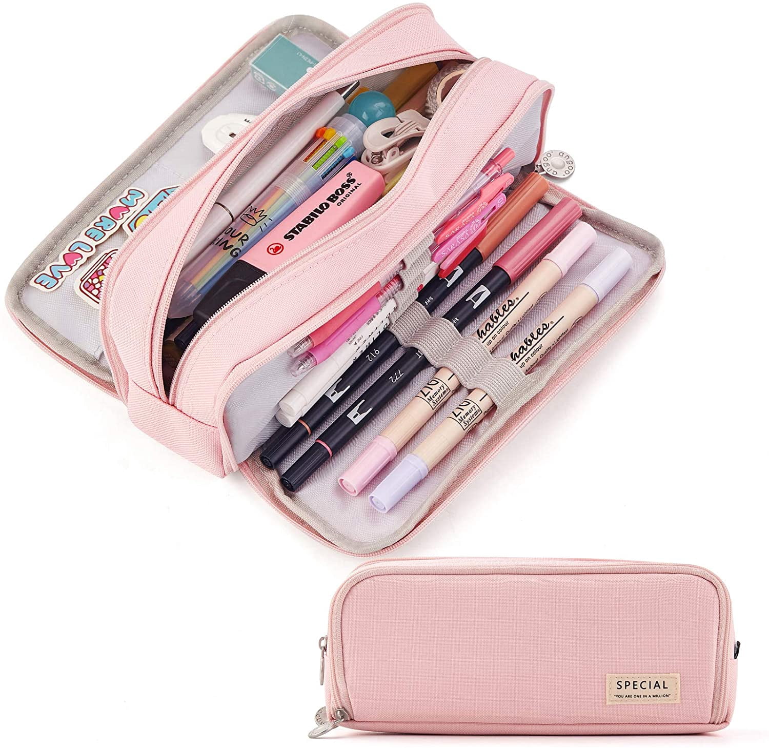 Trousse à Crayons Grande Capacité 3 Compartiments pour École Adolescent Fille Garçon Homme Femme (Jaune)-Rose