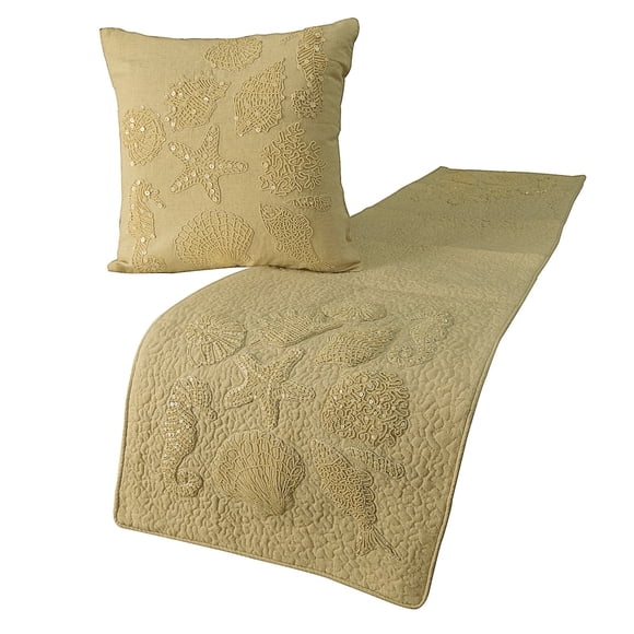 The HomeCentric King Queen Twin Beige Handmade CA King 86"x18" Bed Runner With Pillow Cover, Pearl Embroidery Bed Scarf on Linen fabric - Off To The Sea