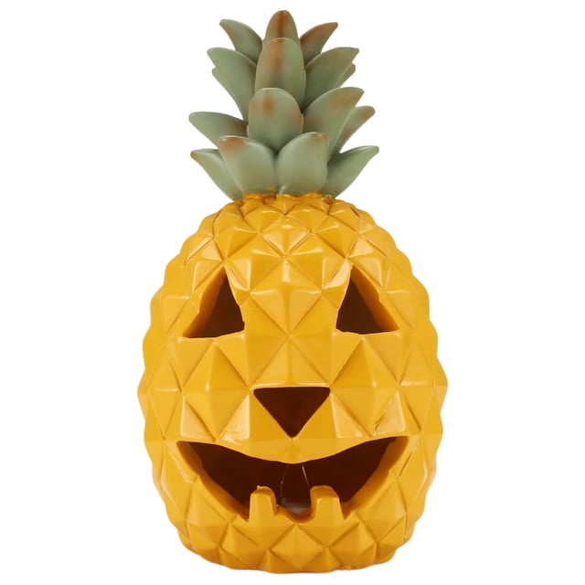 Pineapple Lantern - Yellow Light Halloween Pineapple Lantern Decoration made of resin, featuring a jack-o'-lantern design with a carved pumpkin face. The lantern emits a warm yellow glow and has a textured pineapple shape with green leaves on top. Suitable for indoor and outdoor Halloween décor, it is shatterproof, flameless, and easy to operate with a simple switch. Ideal for creating a spooky atmosphere on bookshelves, fireplaces, or as a table centerpiece.