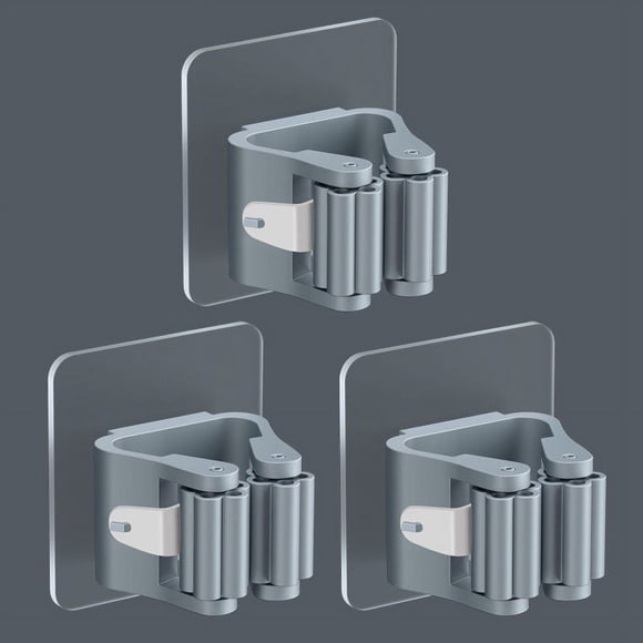Jinsinto 3 Pieces Wall-Mounted Broom Holder Self-adhesive Mop Holder Broom Hanger Wall-Mounted No Drilling Broom Clip Mop Holders Gray Broom Hanger for Bathroom Door