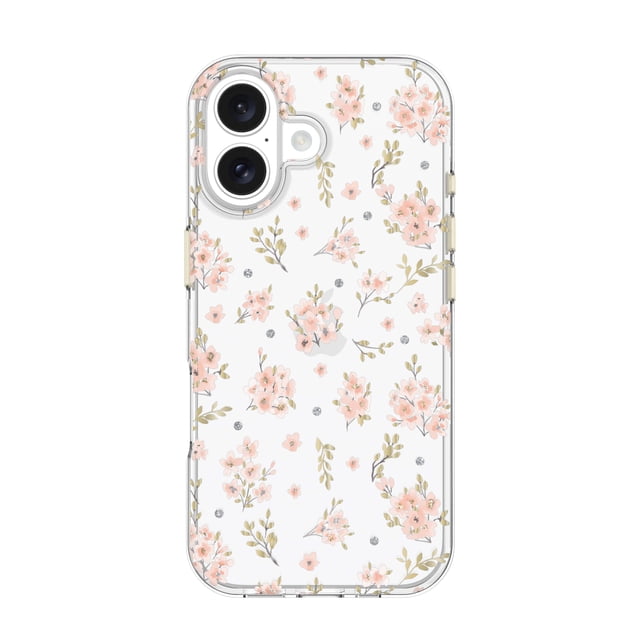 Petite Pink Floral Phone Case for iPhone 17 featuring a clear gel design with small pink flower clusters and green leaves, slim profile with metallic button accents, drop tested to 10 feet for durable protection while maintaining a delicate floral look.