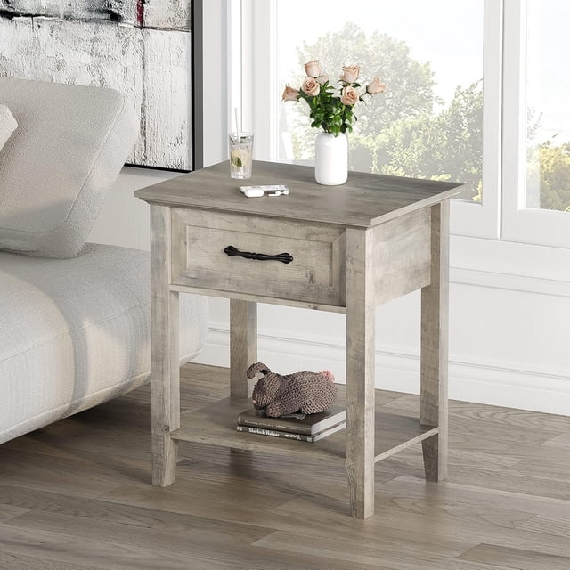Ensemble Moderne de 2 Tables Basses à 2 Niveaux avec Tiroir de Rangement - Table d'Appoint en Bois Multifonctionnelle pour Chambre, Salon, Dortoir - Conception Gain de Place - Système par Défaut