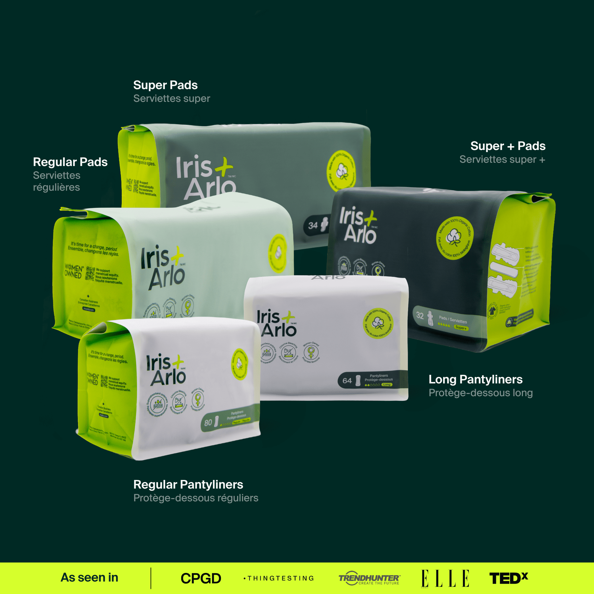 Iris + Arlo Serviettes Hygiéniques Biologiques 100 % Coton / Sac Super Plus Refermable (32 Unités), Serviettes Hygiéniques pour Femmes + Toutes les Menstruatrices avec Ailes