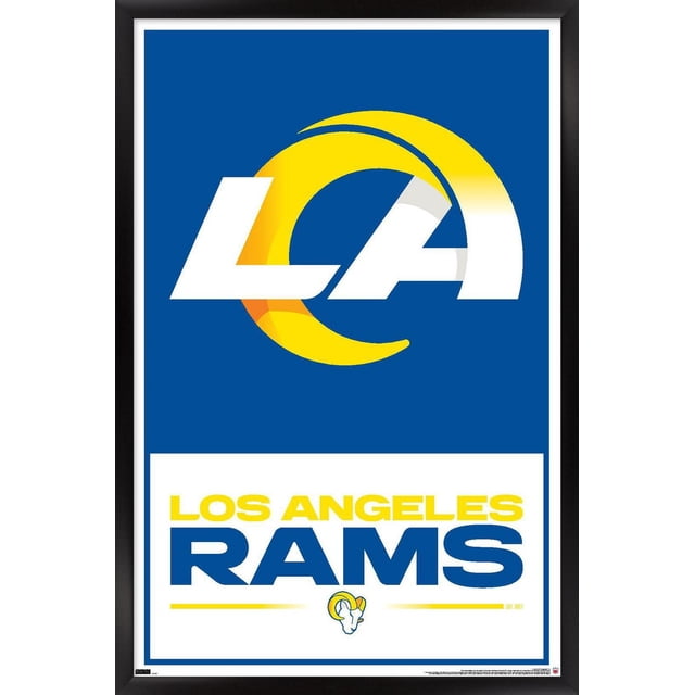 NFL Los Angeles Rams - Affiche Murale Logo 21, 22,375 Po x 34 Po Encadrée Montrant une Vue Centrée de l'Avant du Logo des Los Angeles Rams avec une Corne de Bélier Jaune Courbée Autour de Lettres « LA » Blanches sur un Fond Bleu, avec Texte « Los Angeles Rams » Jaune et Bleu en Dessous et un Petit Emblème Tête de Bélier, Encadré en Noir, Idéal pour l'Art Mural et la Déco Intérieure.