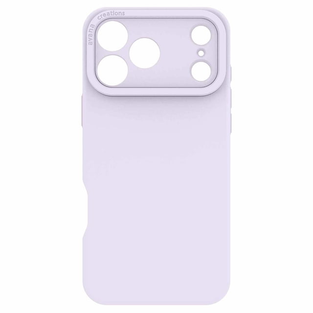 Avana Velvet MagSafe Case Lavender for iPhone 17 Pro Max shown from the back with a soft-touch lavender silicone finish, raised metal camera bay protection, precise lens cutouts, strap slot for charms, and strong magnets for secure MagSafe charging, offering drop protection up to 10 feet.