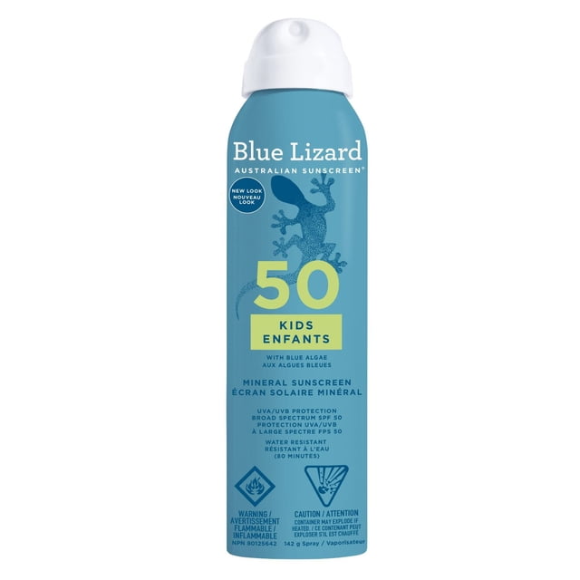 Blue Lizard Kids Mineral Sunscreen Spray SPF 50 in a blue aerosol can with white spray cap, featuring a blue lizard graphic and text highlighting mineral sun protection, broad-spectrum UVA/UVB defense, 80 minutes water resistance, and formulation with blue algae for kids' sensitive skin.