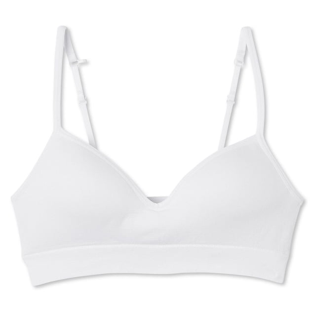 George Soutien-gorge Rembourré pour Filles en Blanc avec Bonnets Rembourrés, Encolure Plongeante et Bretelles spaghetti Convertibles Ajustables Qui Passent au style Dos Nageur. Il Présente une Bande Élastiquée pour le Soutien et Est Fait de 90 % de nylon et 10 % d'Élasthanne, Idéal pour le Confort Quotidien.