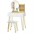 thumbnail image 1 of Gymax Ensemble de Coiffeuse Miroir Éclairé Tiroir de Rangement Étagère Coussin Tabouret Blanc, 1 of 9