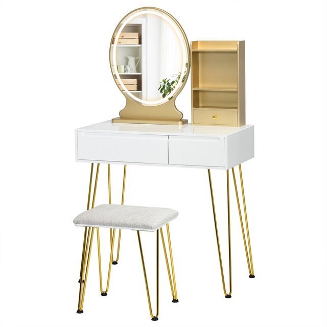 Gymax Ensemble de Coiffeuse Miroir Éclairé Tiroir de Rangement Étagère Coussin Tabouret Blanc
