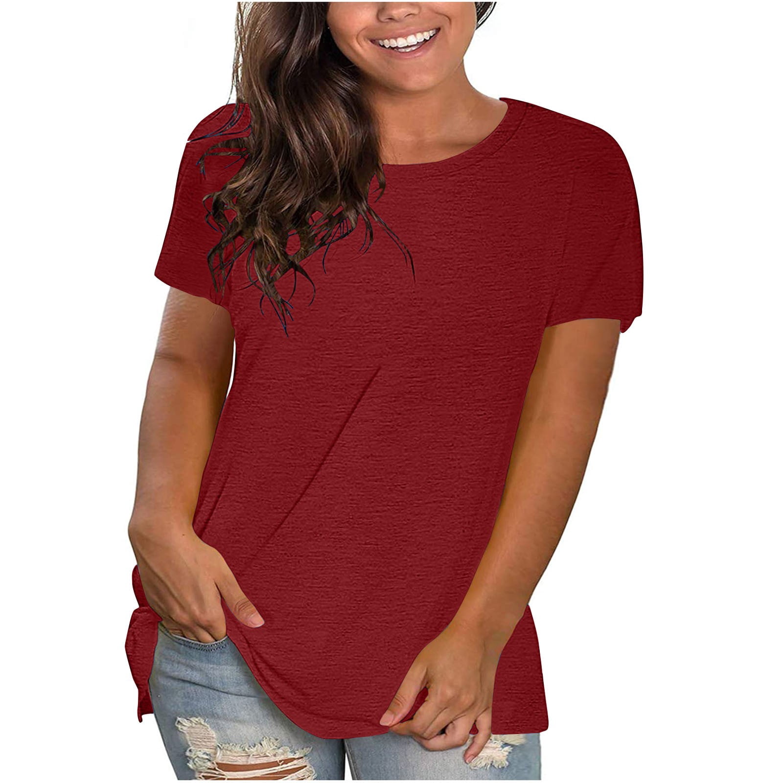 Hauts à Manches Longues pour Femmes, T-Shirt à Manches Courtes à Col Rond, Grande Taille, Couleur Unie, T-Shirts Basiques; Hauts à Manches au Coude pour Femmes