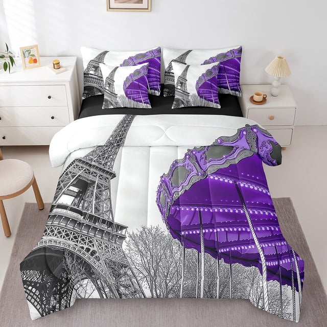 Erosebridal Ensemble de Literie Romantique Tour Eiffel Format Simple, Ensemble de Lit Parc d'Attractions, Adultes Ados, Réversible 7 Pcs