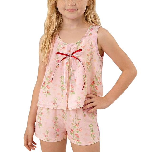 Zpanxa Ensembles pour Tout-Petites Filles Imprimé Camisole Robe Sans Manches et Shorts Floral Ensemble 2 Pcs 8-9 Ans