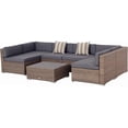 thumbnail image 1 of Ensemble de meubles de patio 7 pièces en rotin synthétique avec canapé sectionnel, table à lattes WPC, coussins et oreillers pour jardin, pelouse, terrasse, beige foncé et gris, 1 of 18