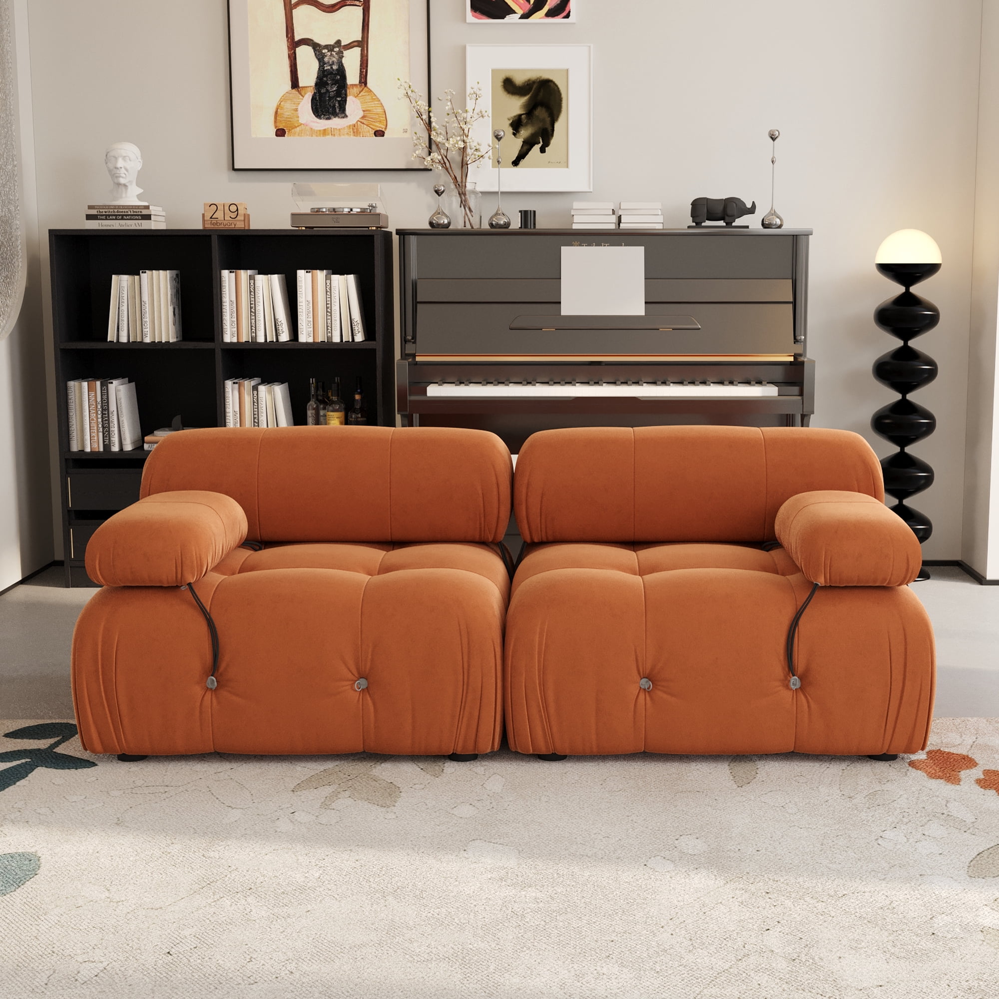 The Magic Home 69.3" Modular Sectional Sofa, Modern Flannel Fabric Deep Seat U-Shaped Cloud Couches Orange Couch for Living Room, Apartment, Office, 2-Seat, Orange