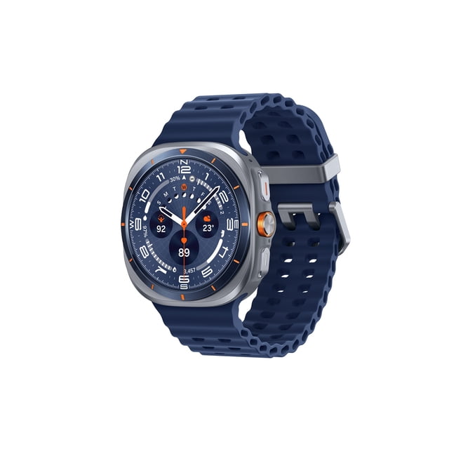 Samsung Watch Ultra 47 mm LTE Montre Intelligente avec Boîtier en Titane et Bracelet en silicone Perforé Bleu, Affichant l'Heure, la Fréquence Cardiaque, la Météo et le Nombre de Pas sur un Écran Numérique Rond, Convient au Suivi de la Condition Physique et à la navigation GPS.