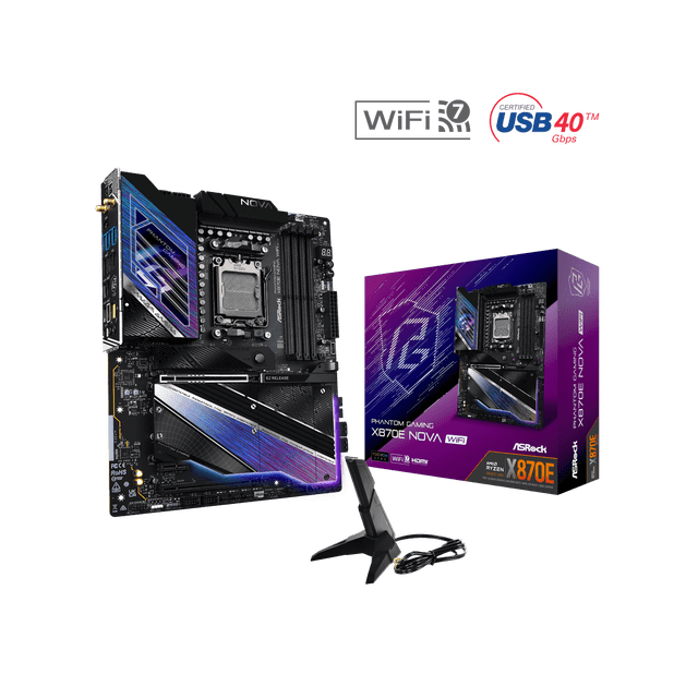 ASRock X870E NOVA WIFI AM5 AMD X870E SATA 6Gb/s ATX Motherboard featuring a 20+2+1 power phase design, PCIe 5.0 x16 slot, 4 DDR5 DIMM slots, 5 M.2 sockets (1 Gen5, 3 Gen4, 1 Gen3), dual USB4 Type-C ports, 5 GbE LAN, WIFI7, and ALC4082 audio codec. The motherboard is shown with a multicolour design, alongside its branded packaging and included antenna.