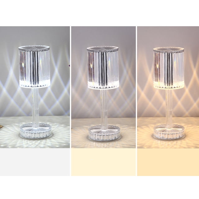 TopLLC Remote Control Romantic Diamond Table Lamp with a crystal-style diamond-shaped lampshade. This acrylic lamp features three dimming colors: warm light, white light, and natural light, plus sixteen color modes controlled via remote or tap. Perfect for bedside tables, dining areas, or as decorative lighting and a romantic gift. Includes USB charging cable and remote control.