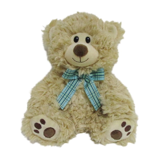 KID CONNECTION PLUSH TEDDY BEAR CAMEL,7INCH front-facing camel-coloured plush teddy bear with soft curly polyester fur, embroidered paw prints on feet, smiling face with black eyes and brown nose, wearing a blue plaid bowtie, sitting upright on white background, suitable as a cuddly toy or plush décor for children.