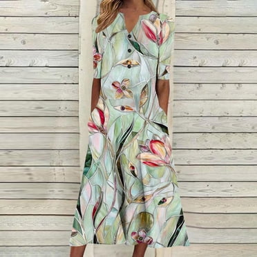 Meichang Robes Midi pour Femmes à Imprimé Floral, Boutonnées, Col en V, Manches Courtes, Robe d'Été, Plage, Vacances, Robe T-Shirt Évasée avec Poches