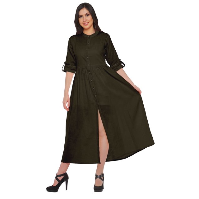 Moomaya Long Button Down Shirts For Women Front Slit A-Line Kurtis Summer Kurta